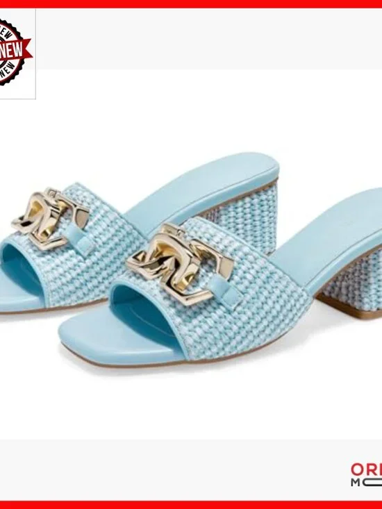 Raffia Slide Sandals Chunky Block Heel Square Open Toe Metal Chain Mules - Picture 2 of 3